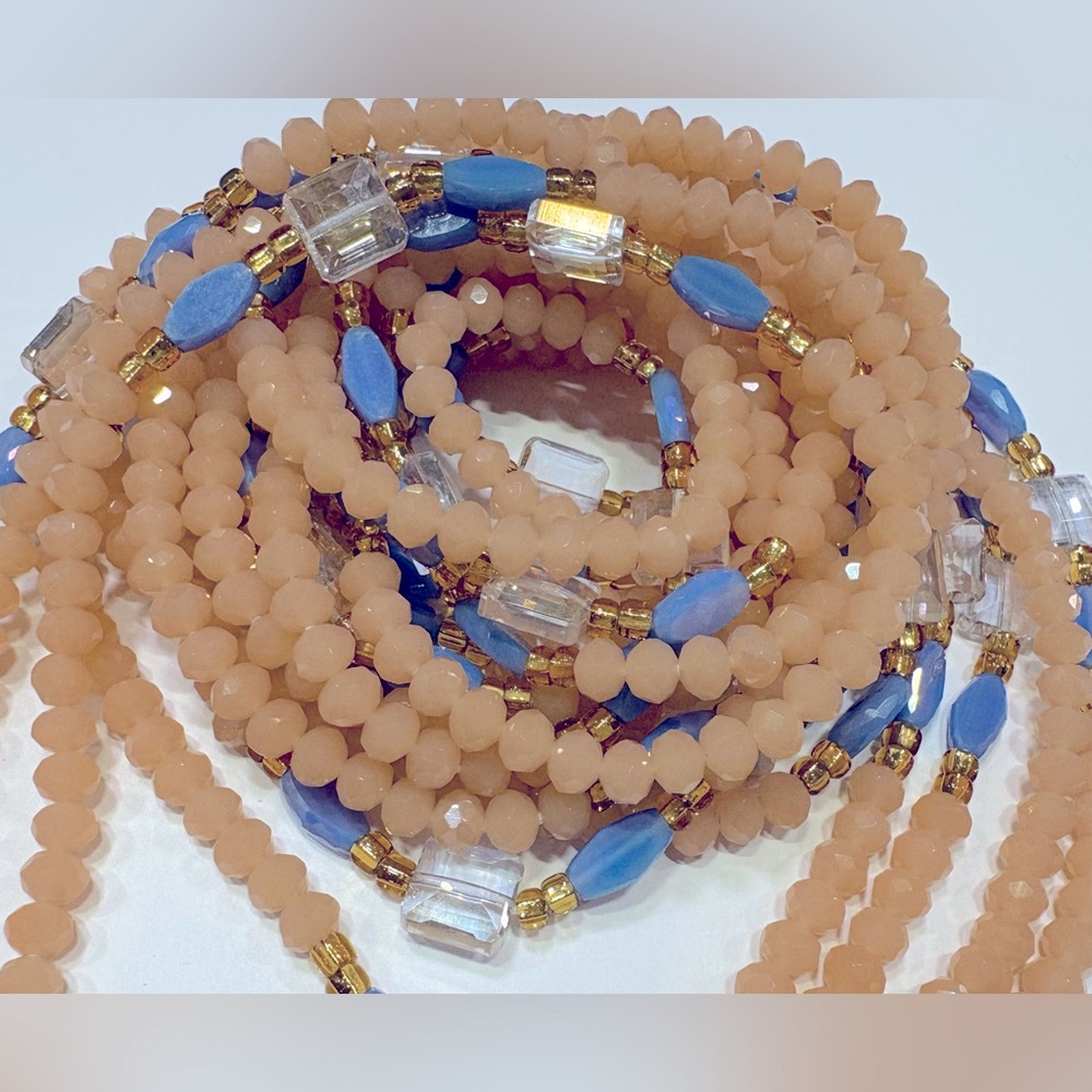 NWT “PEACHEEZZZ” Crystalline Beads w/Clear, Blue & Gold accents up to 50 length - Picture 9 of 16